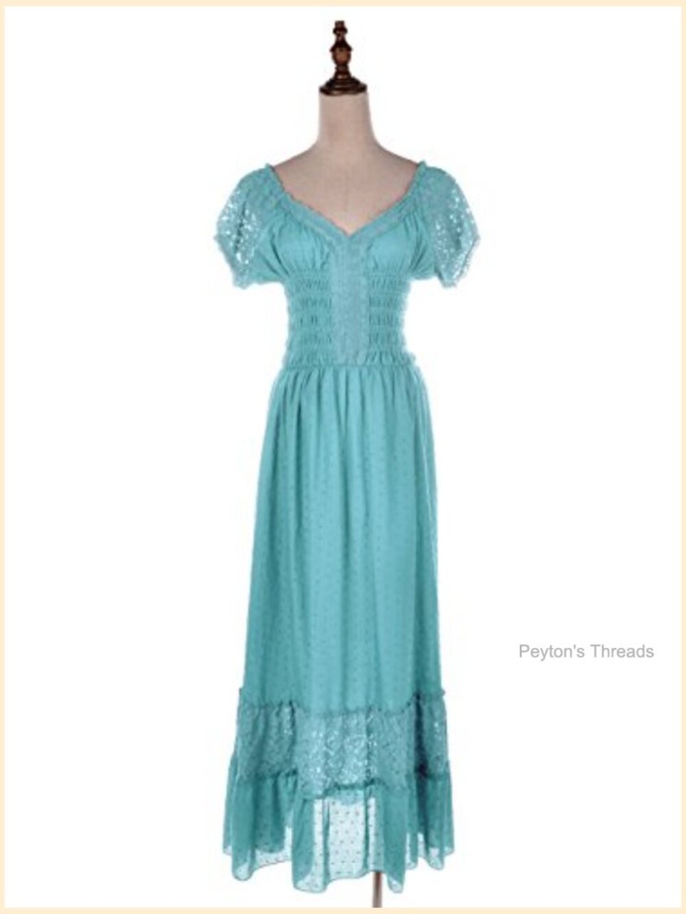 Cap Sleeve Lace Trim Smocked Waist Maxi Dress - Boho Renaissance - Picture 2 of 6